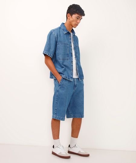 bermuda skater jeans cós com elástico azul 40