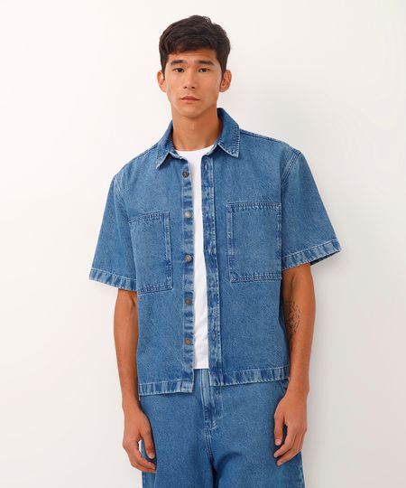 camisa oversized jeans manga curta azul P