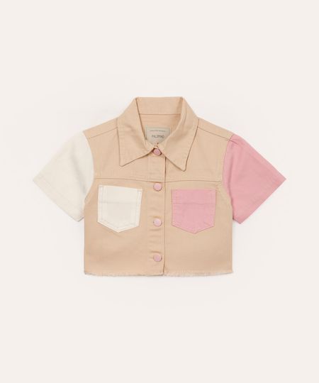 camisa infantil cropped de sarja tricolor bege 6