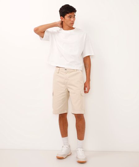 bermuda baggy de sarja com bolso cargo bege 40
