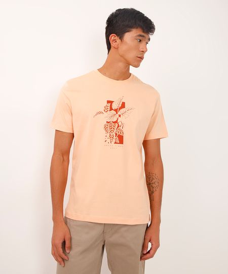 camiseta comfort de algodão manga curta folhagem laranja G