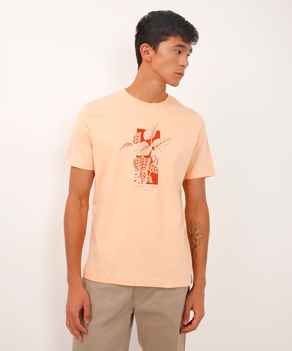 camiseta comfort de algodão manga curta folhagem laranja