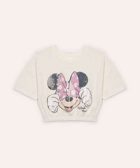 camiseta cropped infantil minnie com paetê off white 12