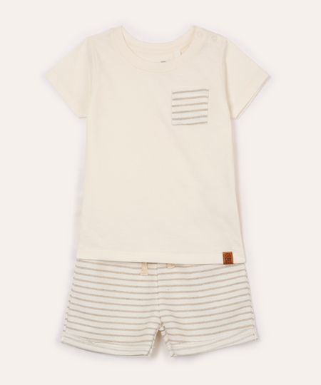 conjunto de algodão infantil curto listrado bege 9-12