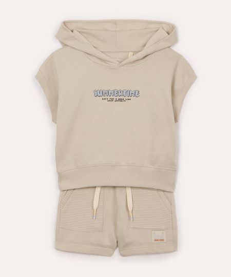 conjunto de moletinho infantil curto com capuz bege 2