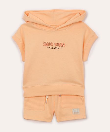 conjunto de moletinho infantil curto com capuz laranja 1