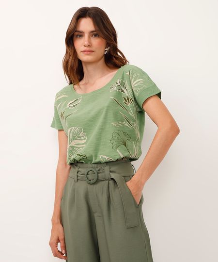 camiseta de algodão manga curta folhagem verde P camiseta de algodão manga curta folhagem verde P