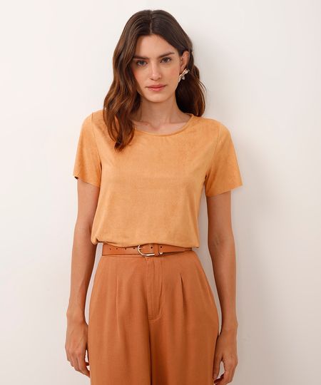 cropped de suede manga curta nude - camelo M cropped de suede manga curta nude - camelo M