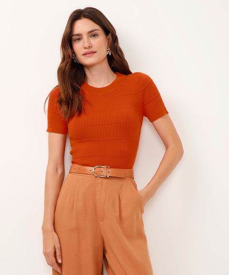 blusa de tricot manga curta texturizada laranja P blusa de tricot manga curta texturizada laranja P
