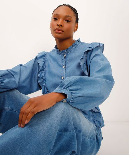 camisa jeans manga bufante com babados azul M camisa jeans manga bufante com babados azul M