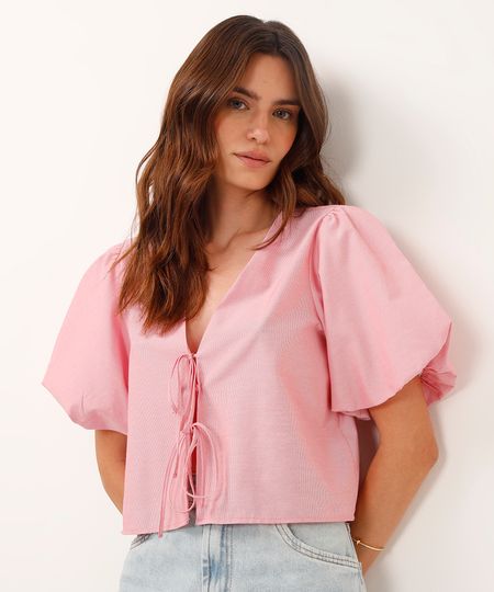 camisa listrada com laços manga balonê vermelha PP