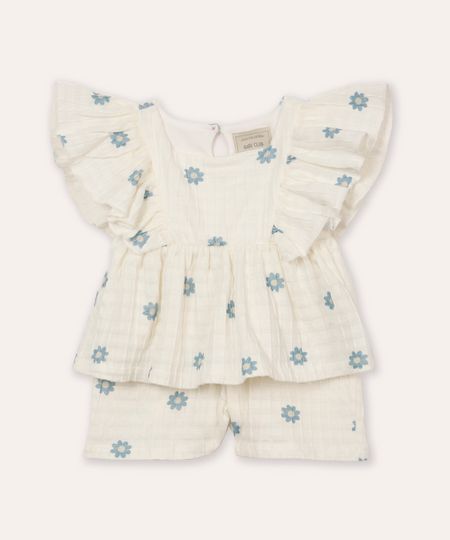 conjunto de algodão infantil texturizado floral off white 2
