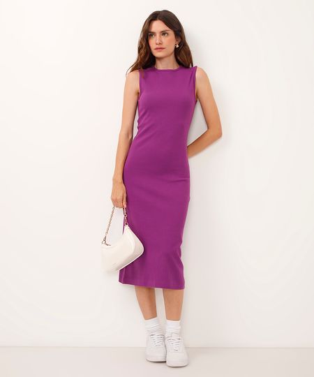 vestido midi de algodão canelado roxo P