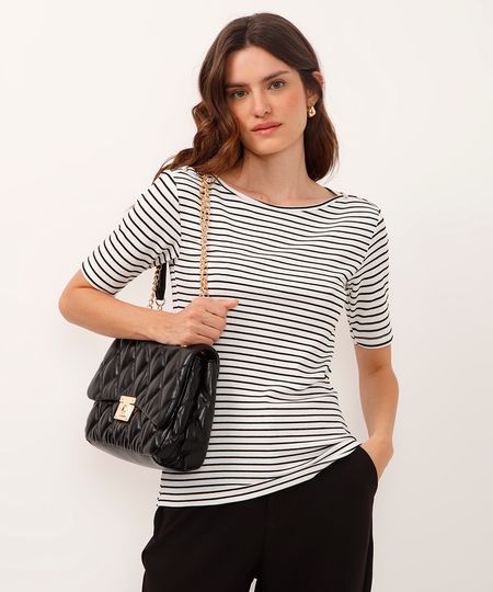 blusa decote canoa listrada com botões off white P