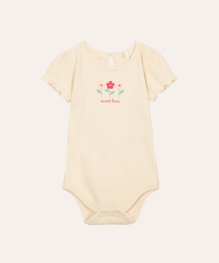 body de algodão infantil canelado floral bege 6-9