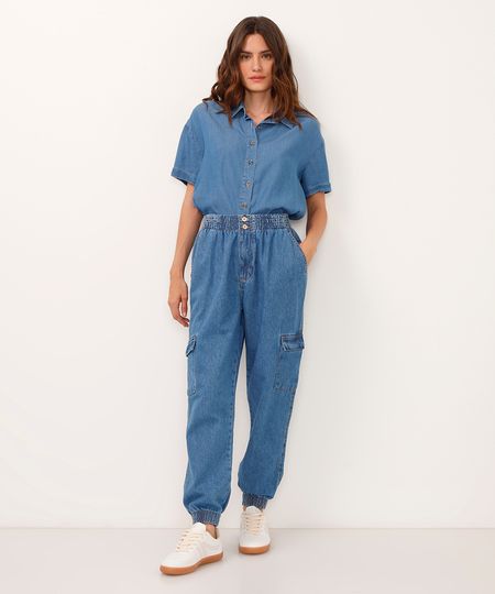 calça jogger jeans cintura alta azul 34