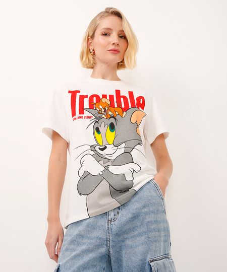 camiseta de algodão manga curta tom e jerry off white P camiseta de algodão manga curta tom e jerry off white P