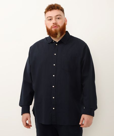 camisa com linho plus size comfort manga longa azul GG3 camisa com linho plus size comfort manga longa azul GG3