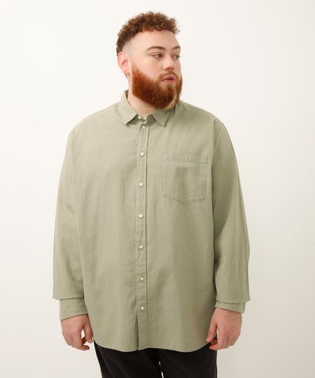 camisa com linho plus size comfort manga longa verde GG3 camisa com linho plus size comfort manga longa verde GG3