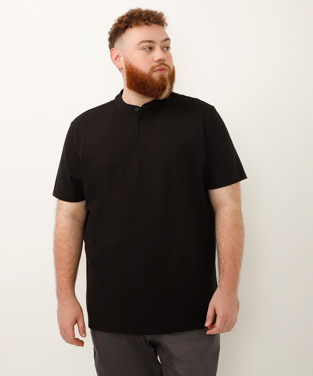 polo plus size de algodão piquet - preto
