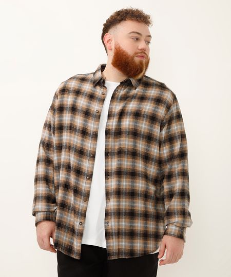 camisa xadrez flanelada plus size bege GG1