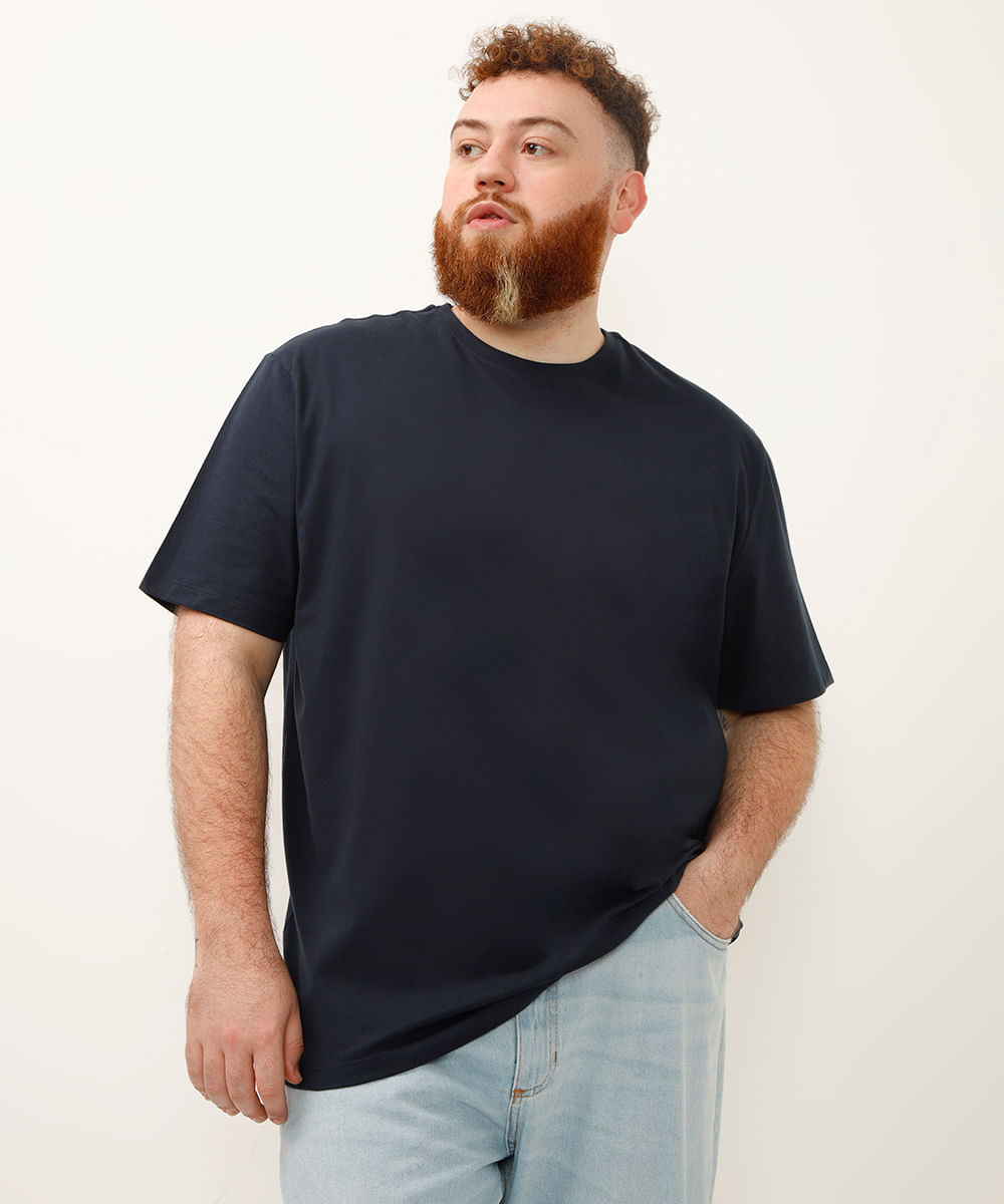 camiseta básica de algodão manga curta plus size azul