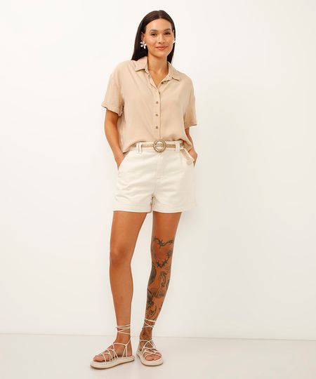 short clochard de sarja cintura alta com cinto off white 34