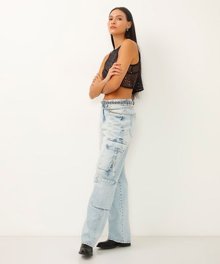 calça wide leg slim jeans bolso cargo azul 36