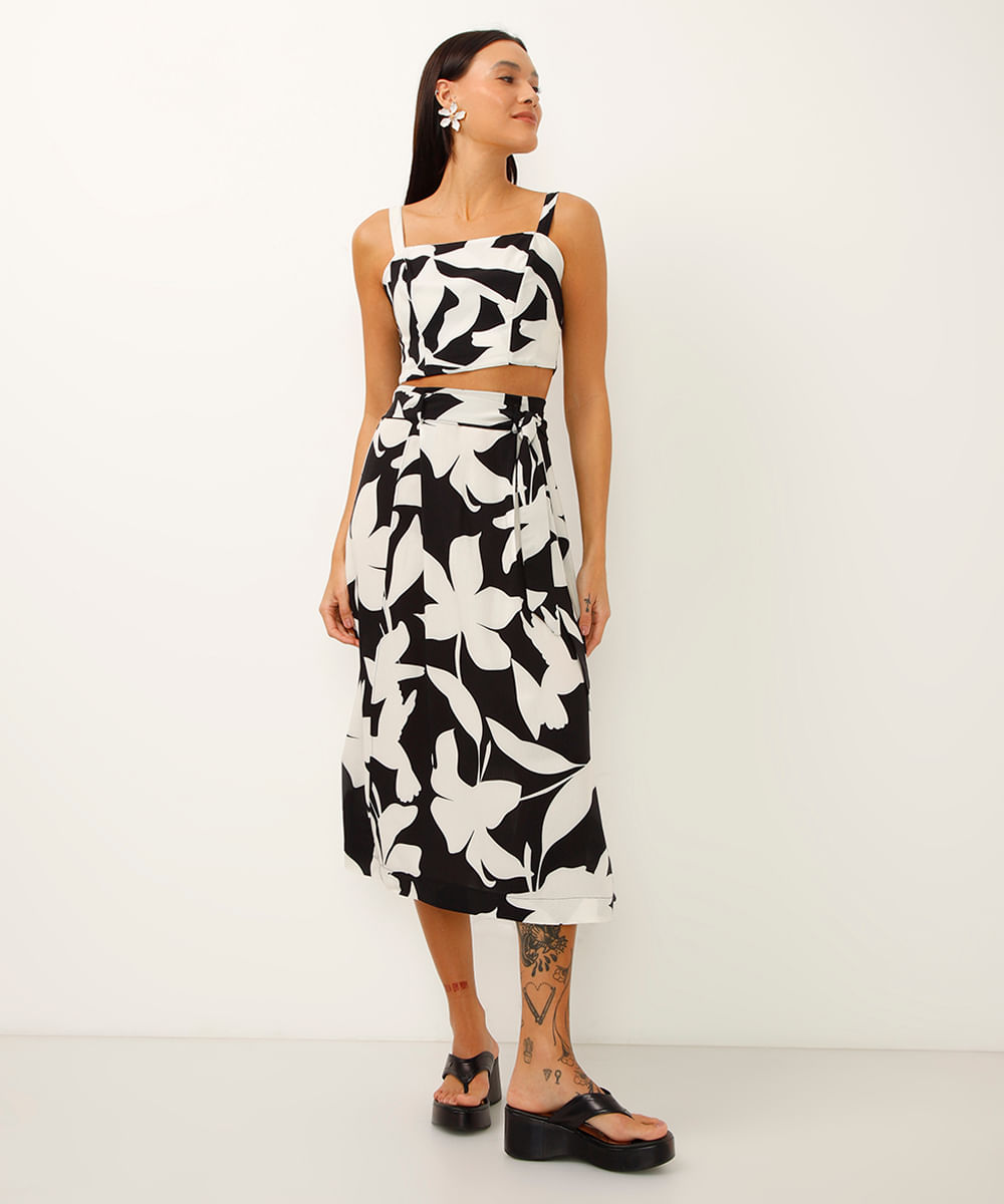saia midi de viscose cós com faixa folhagem preto