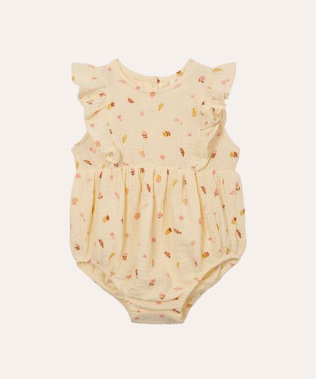 body infantil de algodão floral com babados off white 6-9
