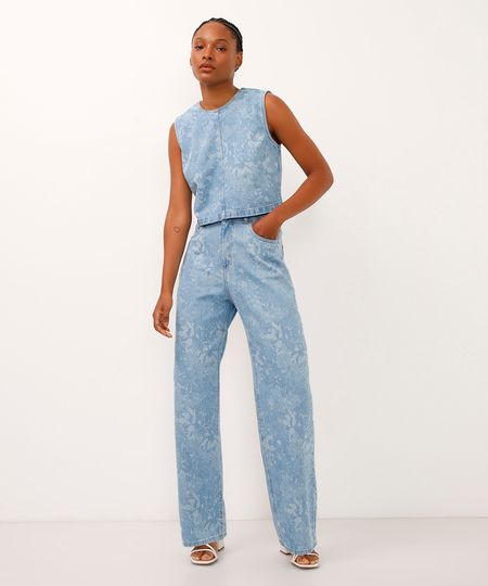 calça wide leg slim jeans cintura alta floral azul 40