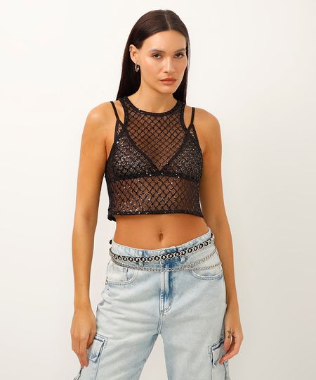 regata cropped halterneck com paête preta PP