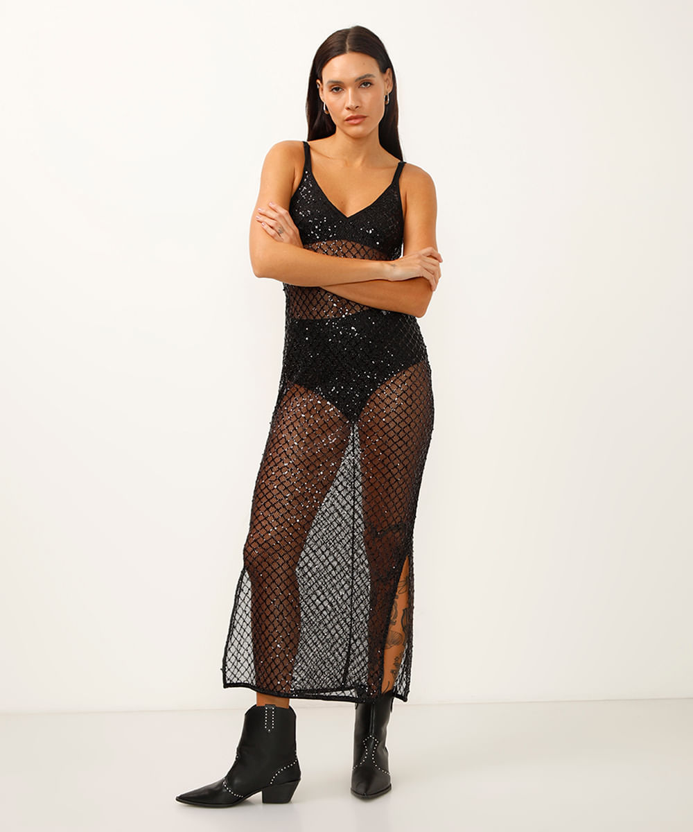 vestido midi alça fina decote v com paête preto