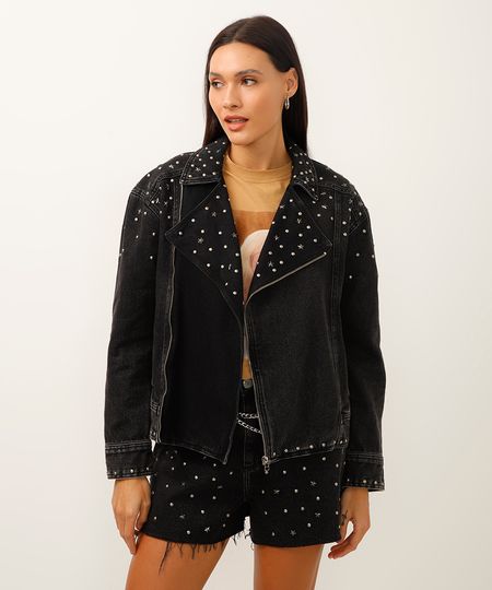 jaqueta jeans perfecto com tachas preta M