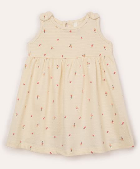 vestido de algodão infantil laços texturizado floral bege 3-6