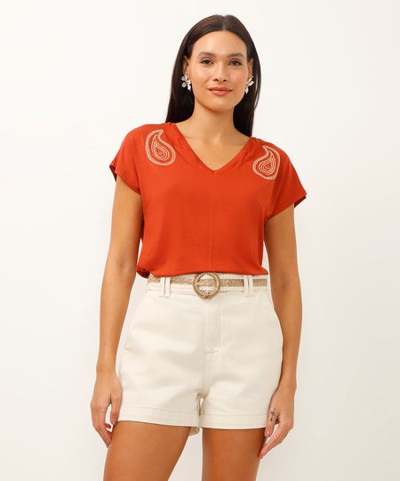 camiseta de viscose decote v arabesco laranja PP camiseta de viscose decote v arabesco laranja PP