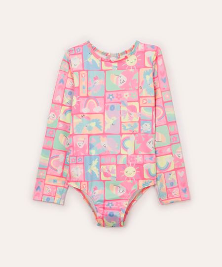 maiô infantil pássaros manga longa com proteção uv rosa 4