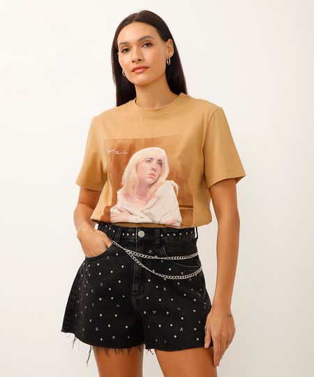 camiseta de algodão manga curta billie eilish bege PP camiseta de algodão manga curta billie eilish bege PP