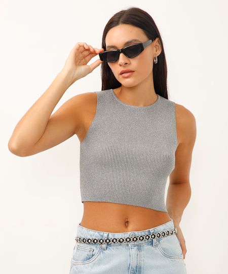 regata cropped halterneck com brilho prateada G regata cropped halterneck com brilho prateada G