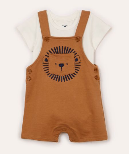 conjunto infantil leão com body e jardineira bege 9-12 conjunto infantil leão com body e jardineira bege 9-12