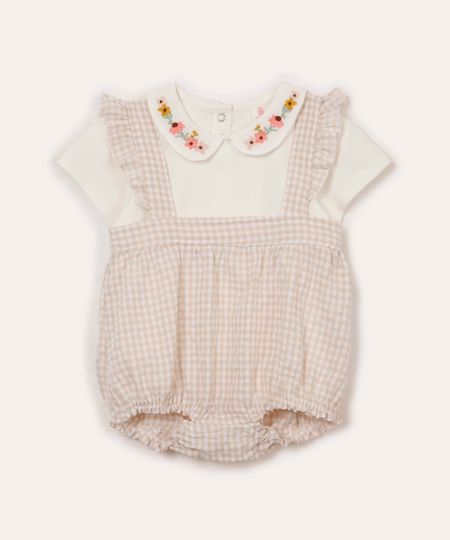 conjunto infantil blusa e jardineira xadrez bege 6-9 conjunto infantil blusa e jardineira xadrez bege 6-9