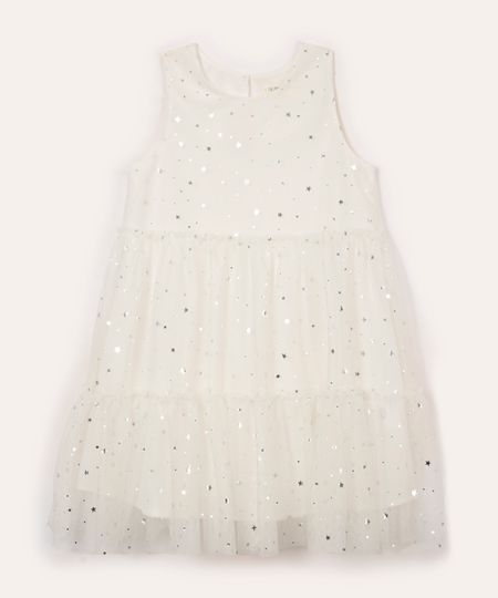Vestido de Tule Infantil Estampado Floral com Glitter e Recortes Sem Manga Off White 4