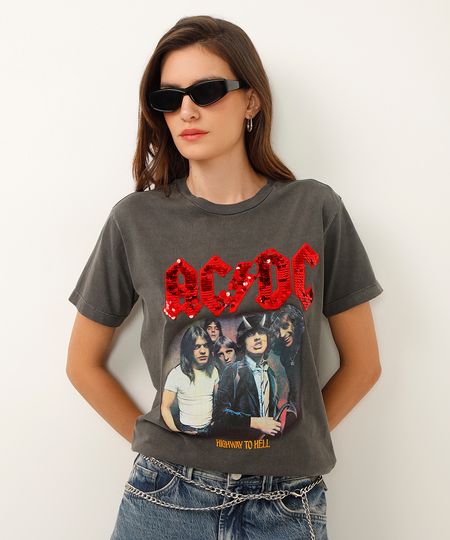 camiseta de algodão ac dc com paetê cinza PP