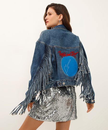jaqueta jeans com franjas rock in rio azul P