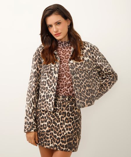 jaqueta de sarja animal print onça com bolsos colorido P
