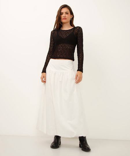 saia midi de algodão balonê cintura alta off white 38
