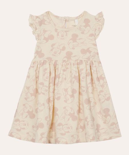 vestido de algodão infantil manga curta minnie bege 9-12
