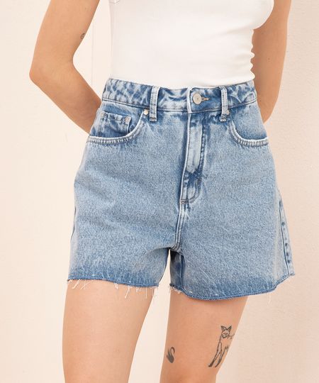 bermuda jeans cintura alta com barra fio mindset azul claro 34