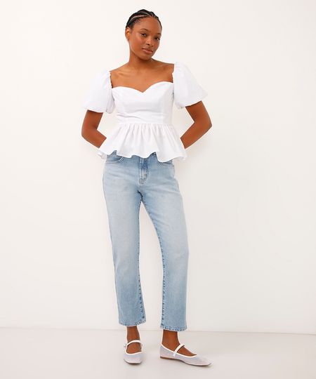 calça reta slim jeans cintura alta azul 36