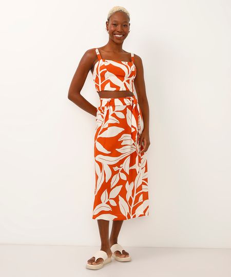 saia midi de viscose cós com faixa folhagem laranja 34 saia midi de viscose cós com faixa folhagem laranja 34